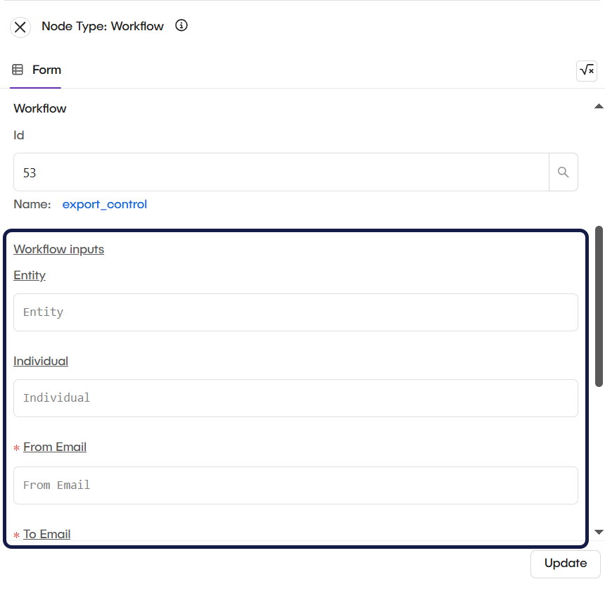 The workflow node configuration panel showing the Workflow Input fields.